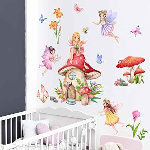 Fairy Girls Wall Decals Mushroom with Flowers Butterfly Wall Stickers for Baby Nursery Girls Bedroom Wall Decor