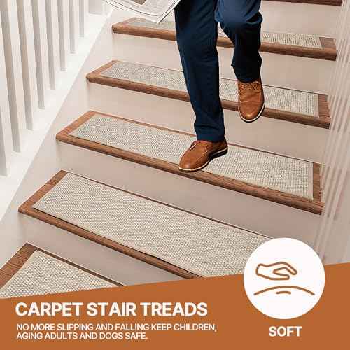 Non Slip Stair Treads for Wooden Stairs, 8" x 30" Staircase Step Treads, 100% Linen, Reusable Adhesive, Indoor, for Kids, Seniors & Dogs(Beige, 15pcs)