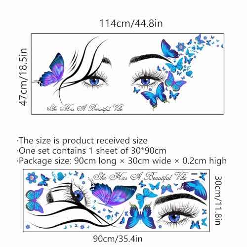 Blue Eyelash Eyes Butterfly Wall Stickers, sacinora Inspirational Quotes Motivational Word DIY Wall Decals Removable Vinyl Peel and Stick for Girls Women Kids Living Room Bedroom Nursery Art Decor