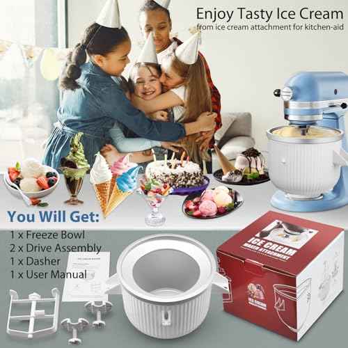 Ice Cream Maker Attachment for KitchenAid Stand Mixer, Ice Cream Bowl Fit for 4.5Qt and Larger Stand Mixers, Ice Cream & Sorbet Gelato Maker Attachment, 2 Quart, White