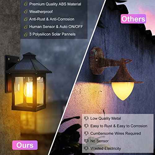 2 Pack Solar Powered Wall Lantern Lights with 3 Lighting Modes, LED Dusk to Dawn Solar Sconce Outdoor Wall Mount, Motion Sensor Front Porch Lights Fixtures Waterproof for Patio Garage