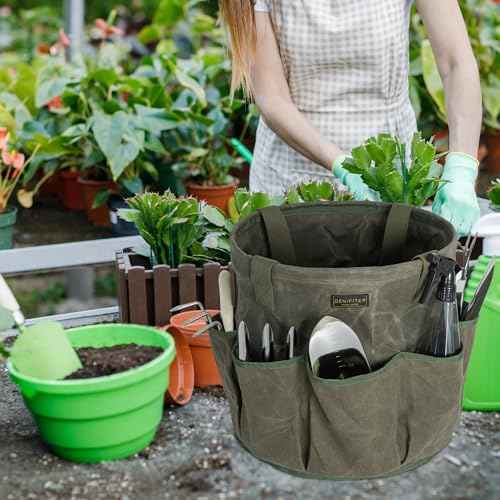 Denifiter Professional 16oz Waxed Canvas Garden Tool Tote - Extra Large Waterproof Storage with 8 Pockets & Reinforced Base | Durable Carrying Case for Gardening, Landscaping & Outdoor Work