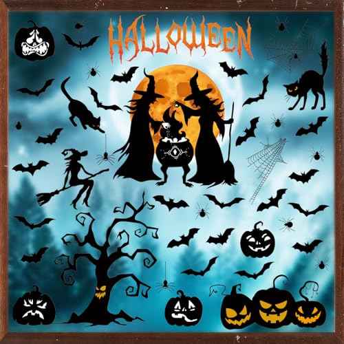 Halloween Window Clings,Halloween Witch Window Stickers,Pumpkin Ghost Wall Stickers,Pumpkin Bat Wall Decals,Spider Black Cat Decals,Tree Full Moon Decor for Party Home Room Office Kitchen