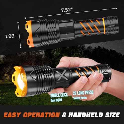 Super Bright Flashlight High Lumens 3000 Rechargeable, Powerful Strong 50W LED, Long Lasting 15 Hours, Quick USB C Charge, Improved Single Click Design 3-Mode, LCD Display & Output, for Hiking Home