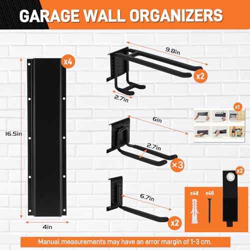49.5" Garage Tool Organizer Wall Mount - 500lbs Heavy Duty Metal Rack with Adjustable Hooks, Anti-Rust Shed Storage for Shovels/Rakes/Brooms/Mowers, Efficient Garage & Garden Organization