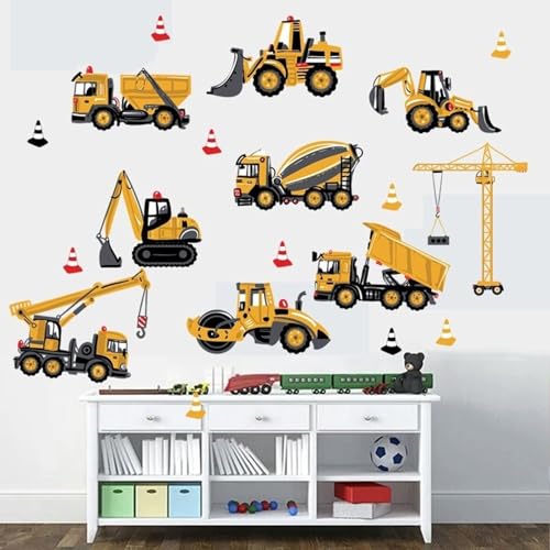 Construction Wall Stickers, Truck Digger Excavator Cartoon Engineering Car Decorative Wall Decals, Vinyl Peel Stick Decor Wall Decors for Kids Baby Bedroom Boys Room Nursery Playroom