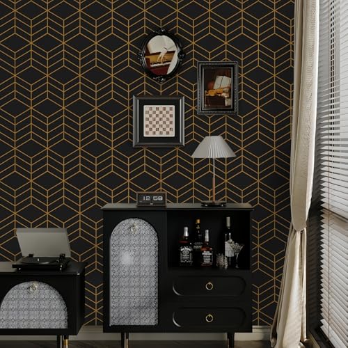 LiKiLiKi Black and Gold Peel and Stick Wallpaper - Modern Geometric, 17.3''118'' Self Adhesive, Removable Decorative Vinyl for Drawer, Shelf, Cabinets