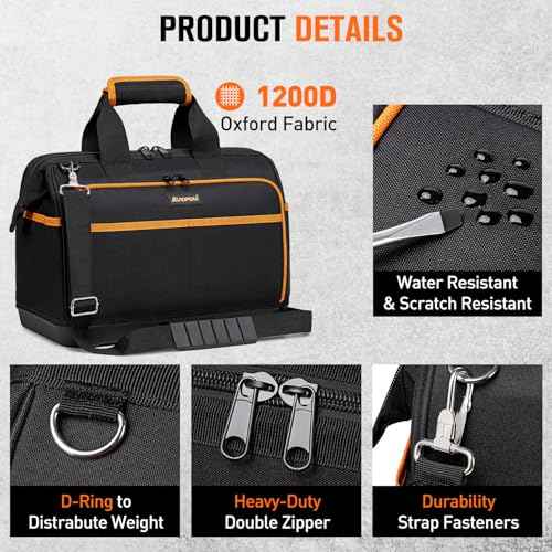 Electrician Tool Bag 17-Inch, 26-Pocket Large Tool Bags for Men Women with Waterproof Hard Bottom & Adjustable Shoulder Strap, Tool Bag Organizer for HVAC Craftsman Contractor Carpenter Electrician