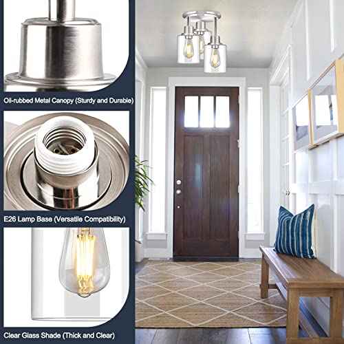 ROTTOGOON Semi Flush Mount Ceiling Light, 3 Light Close to Ceiling Light Fixtures, Brushed Nickel Finish Kitchen Light Fixtures with Clear Glass Shades, Modern Hallway Lights Fixtures Ceiling Mount