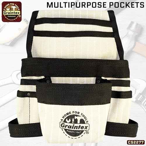 GRAINTEX CS2277 9 Pocket Nail & Tool Pouch Rip-Stop Canvas for Constructors, Electricians, Plumbers, Handymen White