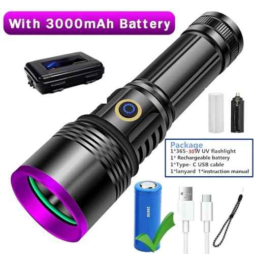 30W 365nm UV Flashlight USB Rechargeable UV Light High Power Black Light Flashlight for Pet Urine Detection, Resin Curing, Minerals, Blood tracking, Scorpion, Rockhounding,Yooperlites,A/C Leak Detect