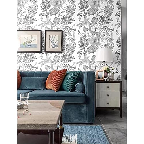 Blooming Wall Black White Elegant Modern Lotus Lily Leaf Peel and Stick Wallpaper Self-Adhesive Prepasted Wallpaper Wall Mural Wall Decor (17.7¡°x118¡±, Black/White)