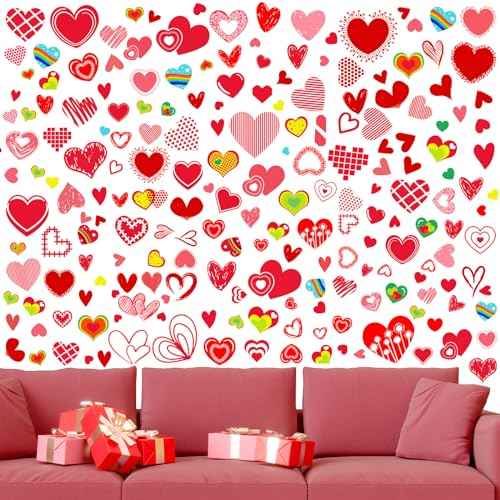 Capoda 196 Pcs Valentine's Day Wall Decals Removable Love Heart Wall Stickers Red Heart Window Stickers Wedding Anniversary Romantic Love Decoration Party Decor for Holiday Living Room Art Decor Home