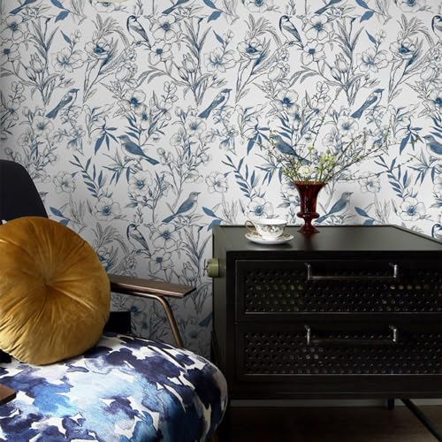 Navy Blue Floral Birds Peel and Stick Wallpaper Rustic Country Birds Floral Shelf Liner Contact Paper for Walls Bedroom Kitchen Bathroom Cabinets Dresser Drawer Furniture Decal 17.7X117 Inches