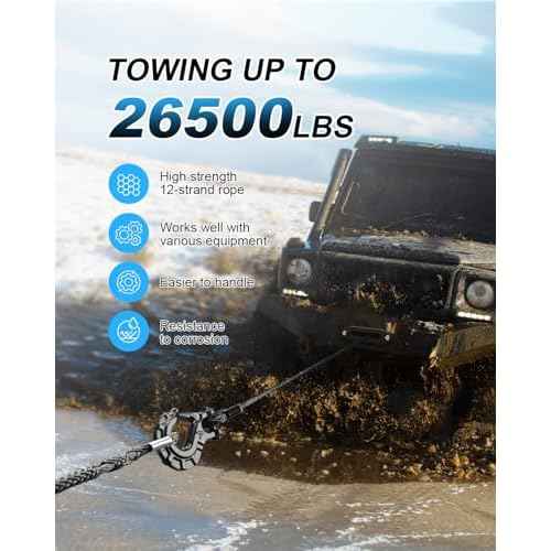 Kolvoii Winch Rope Extension 3/8 Inch x 92 Ft 26,500 Lbs, Synthetic Winch Extension Cable Line for Off Road Vehicle ATV UTV Truck etc (Grey)