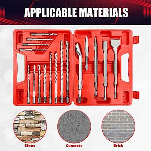 17PCS Rotary Hammer & Chisels Masonry Drill Bit Set, SDS Plus Drill Bits Set, Fit for Drilling and Cutting in Concrete,Brick,Walls