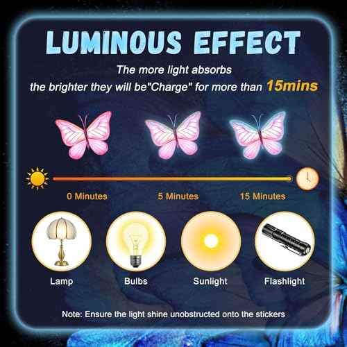 Glow in The Dark Butterfly Flower Wall Decals Glowing Luminous Butterflies Removable Self-Adhesive Wall Stickers for Girls Bedroom Nursery Living Room Decor 4 Sheets (Butterfly 1)