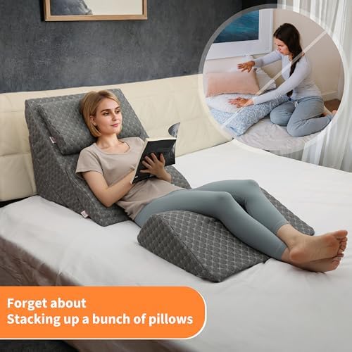 Adjustable Orthopedic Bed Wedge Pillow Set, Post Surgery Recovery, Memory Foam Wedge Pillow for Back, Knee and Leg Pain Relief, Sleeping, Sitting up in bed, Reading, Acid Reflux, Snoring, Melange Gray
