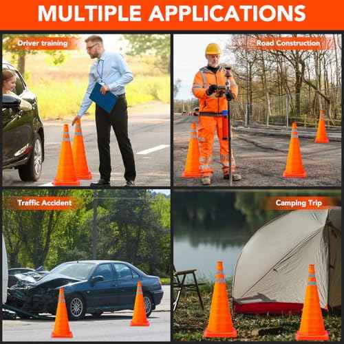 [4 Pack]28 Inch Collapsible Traffic Safety Cones - Parking Cones with Reflective Collars, Orange Safety Cones for Parking lot, Driveway, Driving Training etc
