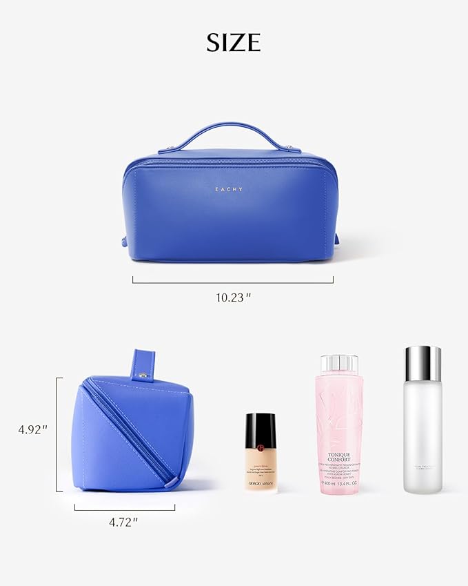 EACHY Travel Makeup Bag, Large Capacity Cosmetic Bag for Women, Waterproof PU Leather, Flat Open Portable Toiletry Bag for Skincare, Brushes & Travel Essentials