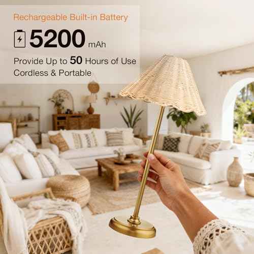 20.5'' Tall Cordless Boho Rattan Table lamp, 5200-mAh Rechargeable Battery, 3-Level Brightness Dimmable, Build-in LED 320 Lumen Max, for Bedside Restaurant Resort Hotel Dining Table