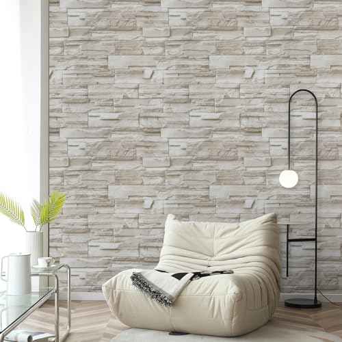 ConCus-T Brick Wallpaper Peel and Stick Wallpaper 17.7" x 118" Faux Stone Wallpaper Brick Contact Paper Self-Adhesive Removable Decorative Wall Paper for Wall Kitchen Backsplash