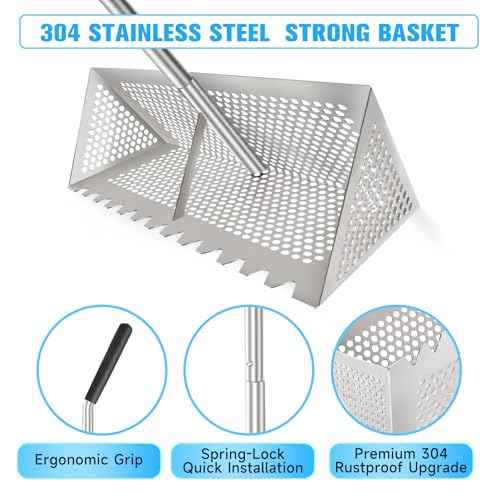 Sand flea rake - 304 Stainless Steel Pro 15.8 Inches Wide Basket Sand Sifter , Curved Handle Design Collapsible Sand Fleas Catcher for Travelling