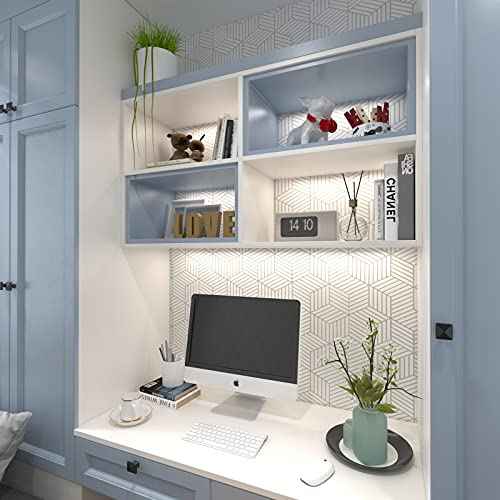 MelunMer White and Silver Peel and Stick Wallpaper Modern 118In L 17.7InW Self Adhesive Removable Wallpaper White Contact Paper for Cabinets Stripe Geometric Contact Paper Hexagon Shelf Liner Vinyl