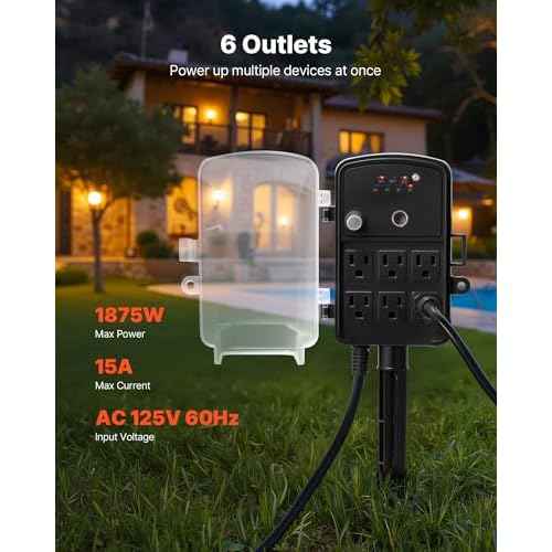 VEVOR Outdoor Power Stake Timer, 50FT Extension Cord, Remote Control Outdoor Power Strip with Cover, Dusk to Dawn Light Timer Waterproof, 6 Outlets for Halloween Christmas Lights, Garden Decorations