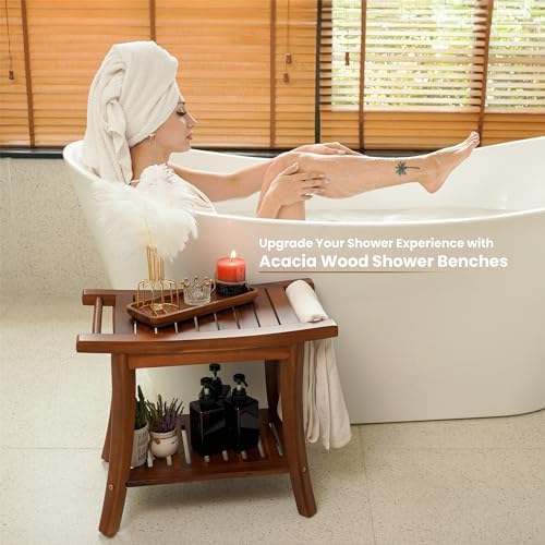 Tinamo Acacia Wooden Shower Bench Seat – Shower Stool for Inside Shower with Shelf – Bathroom Bench Chair Spa Shower Seat – Waterproof Shower Chair (22" x 13" x 18.6") (Acacia)