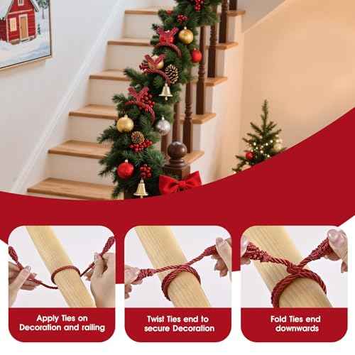 Christmas Garland Ties, 16Pcs 20in Garland Twist Ties for Banister, Reusable and Flexible Decorative Twist Tie for Home Decorations and Holiday Craft Gift Wrapping - Red