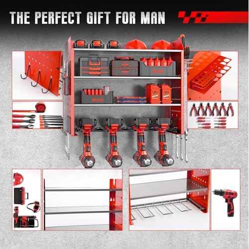 Power Tool Organizer Wall Mount, Garage Tool Organizer with 4 Drill Holders for Cordless Tools.Heavy Duty Drill Holder Wall Mount with Hooks.Red