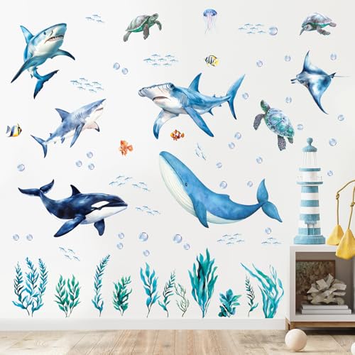 SHUCHING Removable Shark Wall Decals Peel and Stick, Vinyl Ocean Wall Sticker, Under The Sea Wall Decor Art for Nursery Playroom
