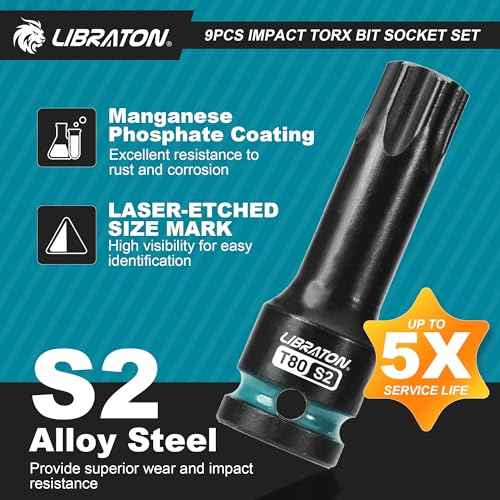 LIBRATON Impact Torx Bit Socket Set, 1/2" Drive, S2 Steel, 9PCS Impact Star Bit Socket Set (T30-T80), High Impact Torx Sockets, XPE Storage, Professional Mechanic and Automotive Repair