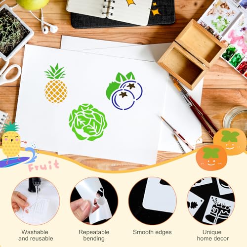 64Pcs Fruit Stencils for Painting, Reusable Vegetable Stencils Crafts Drawing Templates, Art Painting on Wood Wall Canvas,Fru & Veg Plastic Stencil for DIY Fabric Rock Home Decor (3 X 3 Inch)