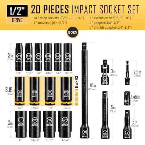 BOEN Pro 20-Piece 1/2" Drive Deep Impact SAE Socket Set, 3/8"-1-1/4", CR-MO & CR-V Steel, Upgraded Torque & Durability, Includes Extensions, Joint, Adapter ? Meets ANSI