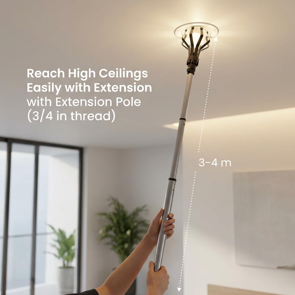 QWORK Professional Light Bulb Changer Kit - 3 Piece Set - Extension Pole Compatible, for High Ceiling Incandescent Bulbs with Standard, Floodlight & Recessed Changer