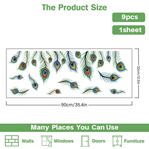 PLIGREAT 9 Pcs Peacock Eyes Feathers Wall Stickers, Removable Vinyl Peel and Stick Wall Decals for Living Room Bedroom Office Home Indoor DIY Wall Art Decor TV Background Wall Decoration
