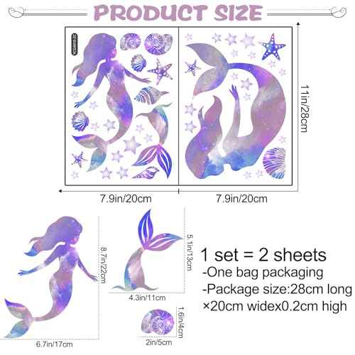 Mermaid Wall Decals Glow in The Dark Mermaid Star Decal Under The Sea Wall Stickers for Nursery Bedroom Bathroom Mirror Wall Decor