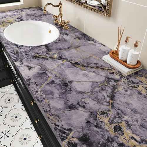 Wallercity Glossy Purple Gold Marble Contact Paper for Table Tops Waterproof Shiny Cracked Marble Wallpaper Peel and Stick Vinyl Purple Granite Wall Paper for Cabinets Counter Top Covers 15.8"x78.7"