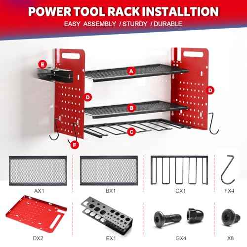 Power Tool Organizer Wall Mount, 3 Layer Shelves Storage with 4 Drill Holders Wall Mount/Drill Bit/Screwdriver Rack, 4 Hooks for Garage, Workshop, Tool Room