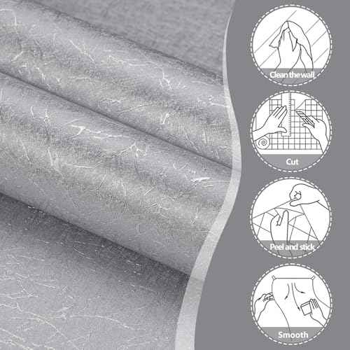 Yun-aeon Silver Silk Peel and Stick Wallpaper 17.3"x120" Embossed Textured Contact Paper Removable Waterproof Self Adhesive Vinyl Wallpaper for Bedroom Kitchen Cabinet Furniture