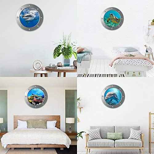 OTDCGI 11 Inch Round 3D Porthole Window Adhesive Stickers - Ocean Theme (Sea Turtle, Shark, Dolphin) - Waterproof Vinual Decals for Kids Room, Bathroom, Glass Decor - Set of 4