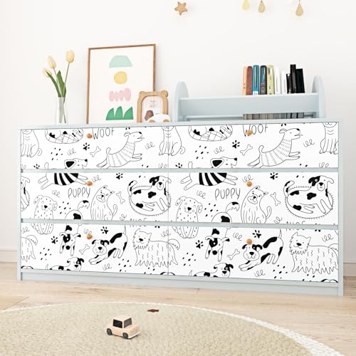 Black and White Dog Wallpaper Peel and Stick White Contact Paper Animal Nursery Wallpaper Fun Puppy Self Adhesive Contact Paper for Walls Kids Room Bedroom Cabinet Liner Dog Decor 17.5"x102"