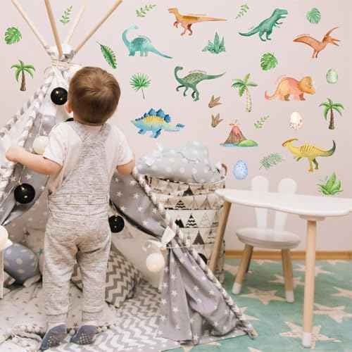 Wall Decals for Kids Room - Self Adhesive Removable Dino Palm Tree Wall Stickers, Jungle Nursery Bedroom Playroom Classroom Decor, Easy Peel & Stick Boys/Girls Home Art