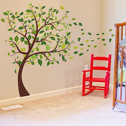 Green Tree Wall Decals Flying Leaves Wall Stickers Green Leaves Wall Decor for Bedroom Nursery Living Room Home Wall Decor (Green-Tree)