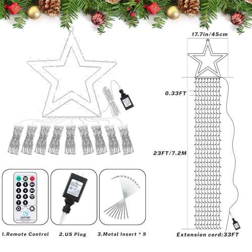 23FT 714 LED Christmas Decoration Lights Outdoor, 8 Modes Waterfall Star String Lights with Waterproof Timer, Dimmable Waterfall Tree Lights for Indoor Roof Patio Holiday Party, Warm White