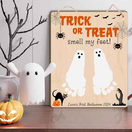 Baby's First Halloween Footprint DIY Wooden Hanging Sign, Baby's 1st Halloween Art Craft Gifts, My First Holiday Milestone Signs, Trick or Treat Smell My Feet Halloween Decor Sign (Nature)