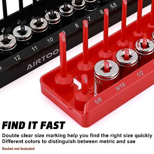 AIRTOON 1/4-Inch Drive Socket Organizer Trays, 2-Piece SAE and Metric Socket Tray Set, Deep and Standard Socket Holders Organizers for Toolbox, Black & Red