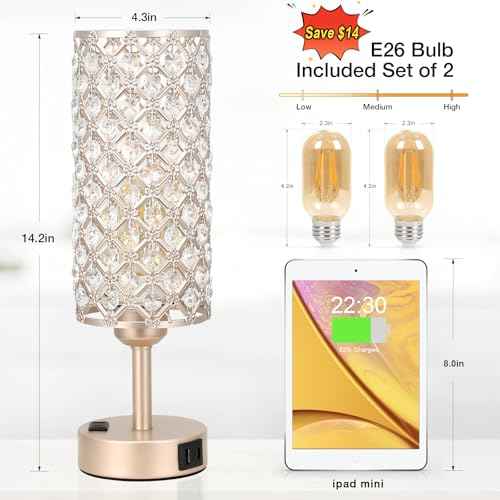 Touch Table Lamps for Bedrooms Set of 2-3 Way Dimmable Champagne Gold Crystal Lamps with Crystal Shade, Bedside Nightstand Lamp for Living Room Bedroom Home Office